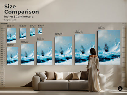 Size comparison of arctic tall ship art in inches and centimeters. See how various sizes fit above a couch. The ocean blue seascape print adds a maritime touch to your home decor.