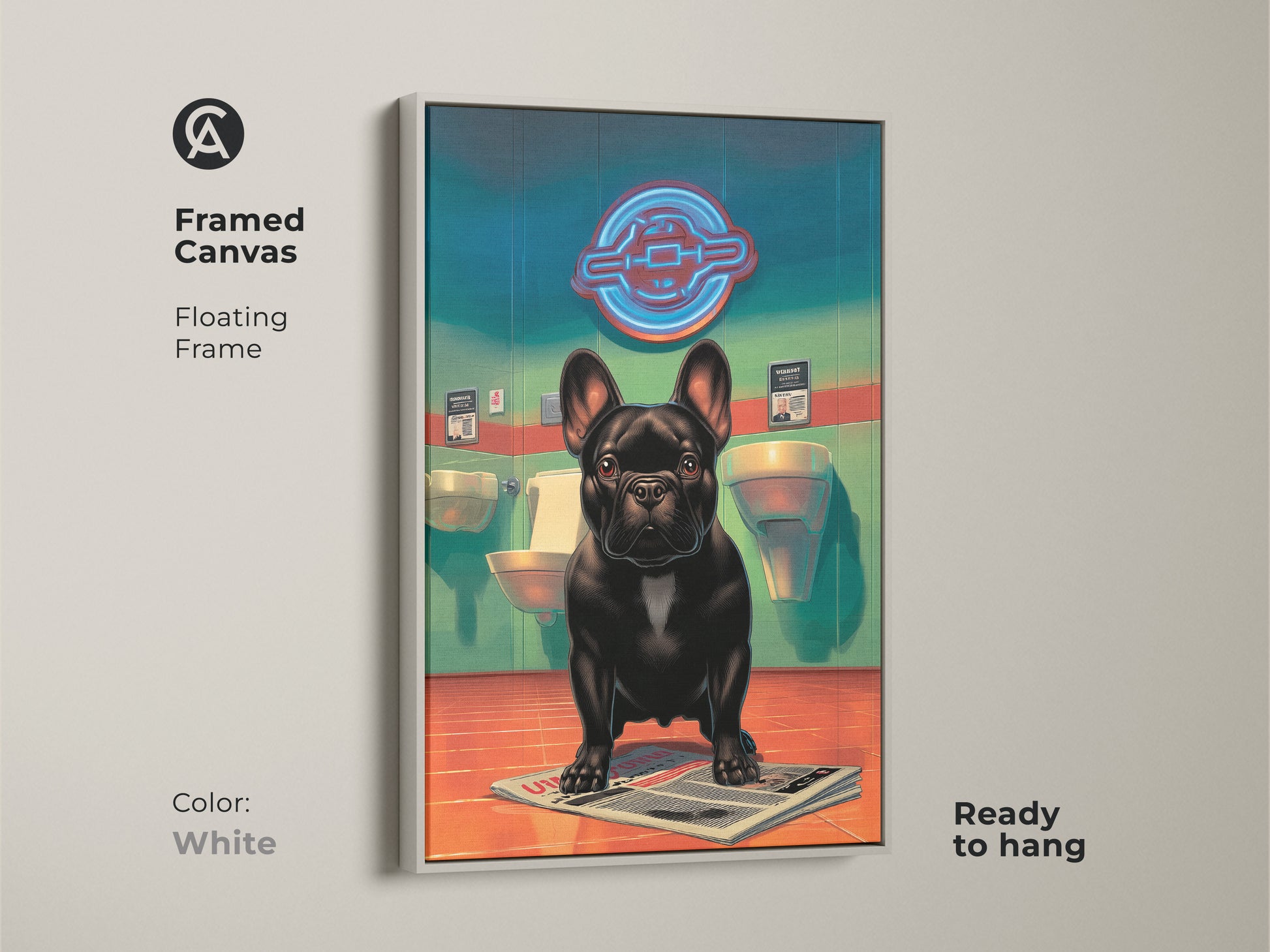 This framed canvas displays a humorous French Bulldog art print. The floating frame is in white color and is ready to hang. It is a whimsical pet art print with surreal animal wall hanging. A perfect gift for dog owners.