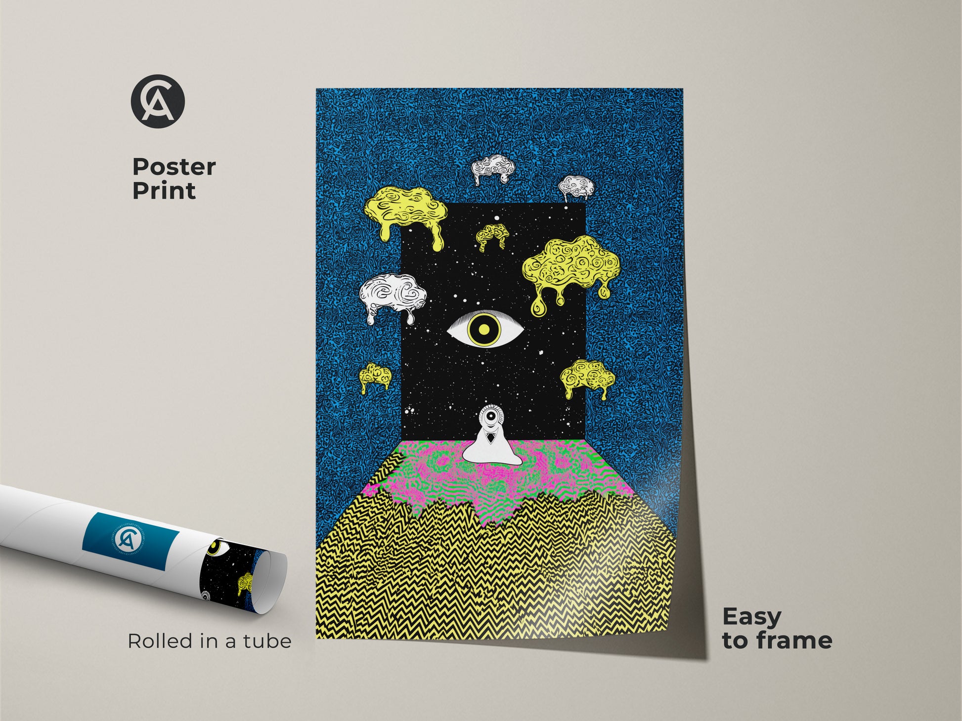 Poster print of a surreal eye canvas artwork creating a mesmerizing portal to a cosmic realm. This psychedelic abstract art combines blue black and melting yellow hues. A lone figure stands before a trippy landscape. Easy to frame artwork is a unique piece of art for eclectic bedrooms or living spaces