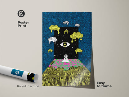 Poster print of a surreal eye canvas artwork creating a mesmerizing portal to a cosmic realm. This psychedelic abstract art combines blue black and melting yellow hues. A lone figure stands before a trippy landscape. Easy to frame artwork is a unique piece of art for eclectic bedrooms or living spaces