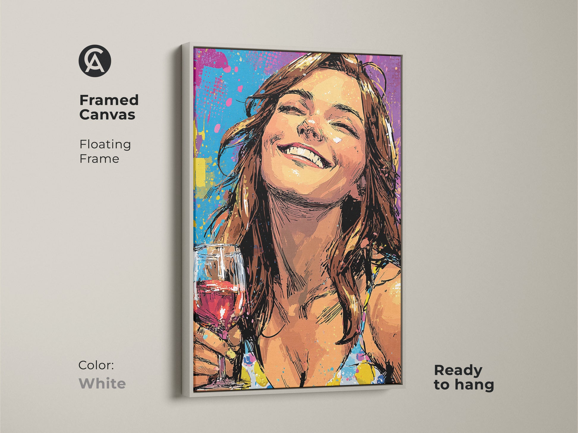 Framed canvas art print of a woman enjoying wine. The pop art artwork features a floating white frame and is ready to hang. The teal yellow and purple hues provide an eclectic touch. This vibrant wall art is perfect for modern home decor. It is a great piece for artistic expression.