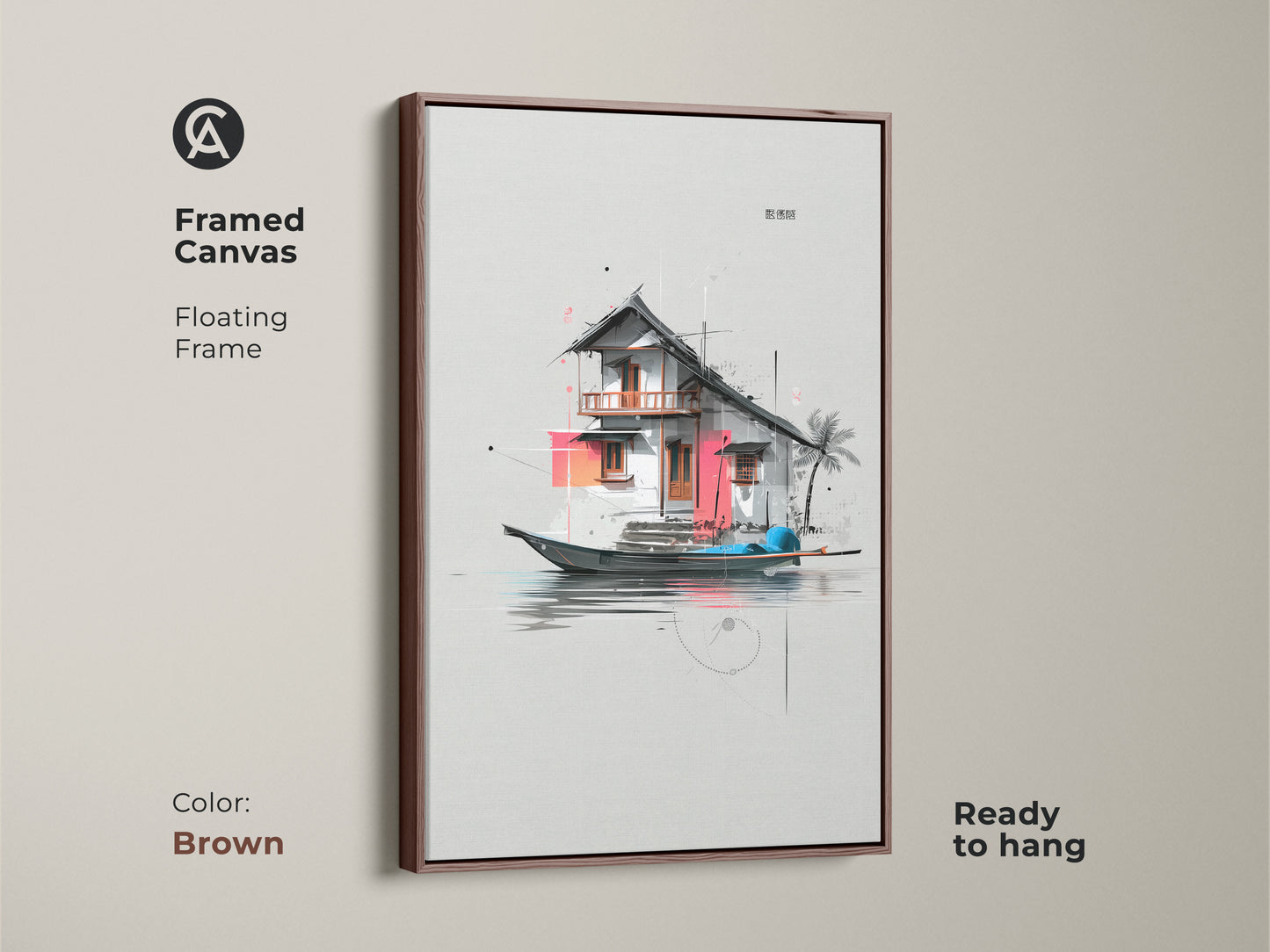 Framed canvas with a floating frame in brown displaying an architectural floating house art. This minimalist artwork is ready to hang. The contemporary wall art enhances any living space.