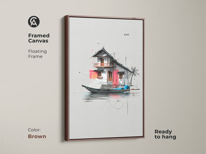 Framed canvas with a floating frame in brown displaying an architectural floating house art. This minimalist artwork is ready to hang. The contemporary wall art enhances any living space.