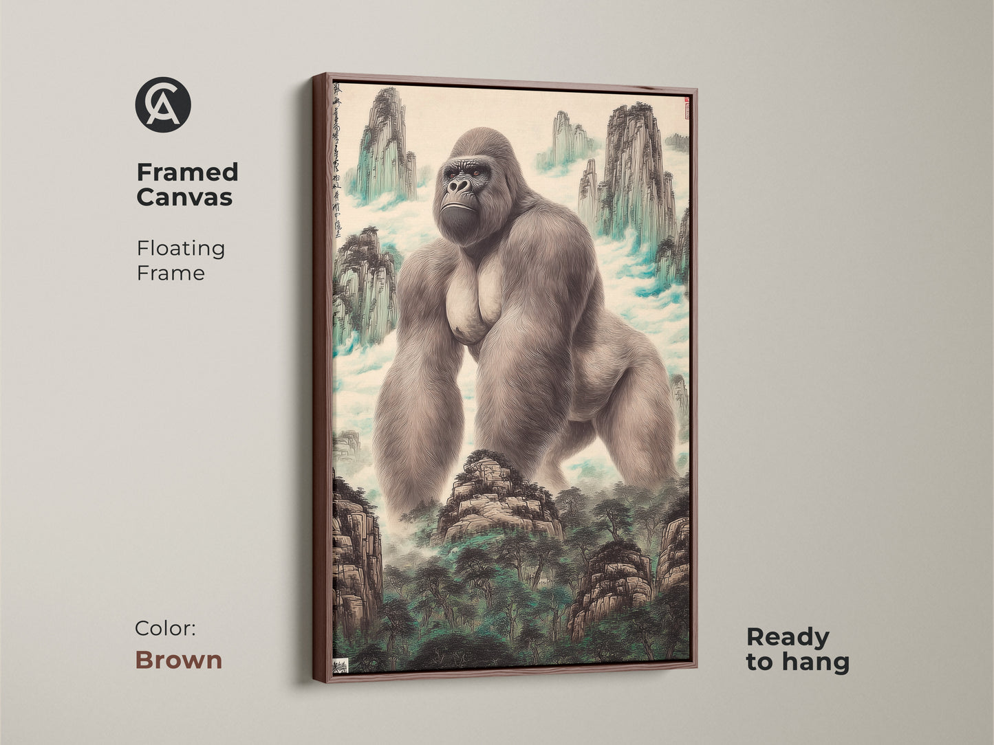 Framed canvas featuring a gorilla in a Chinese mountain landscape. This animal art is framed with a floating brown frame and is ready to hang. The traditional Asian artwork brings nature's grandeur into your home. This wildlife wall decor is perfect for study rooms and eclectic decor. It's a fine art print perfect as a gift for animal lovers.