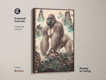 Framed canvas featuring a gorilla in a Chinese mountain landscape. This animal art is framed with a floating brown frame and is ready to hang. The traditional Asian artwork brings nature's grandeur into your home. This wildlife wall decor is perfect for study rooms and eclectic decor. It's a fine art print perfect as a gift for animal lovers.
