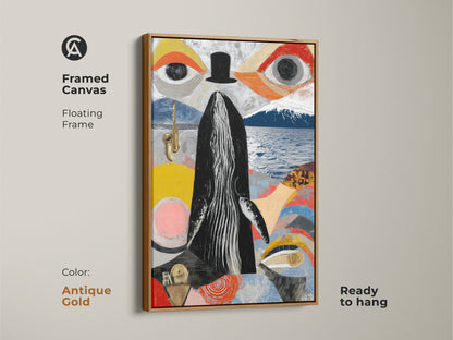 Framed canvas with a floating frame in antique gold showing a surreal whale saxophone art piece. The eclectic abstract collage art has black red yellow. It is ready to hang. Perfect as a unique surrealism artwork and creative home office decor. This gift for music lovers adds sophistication.