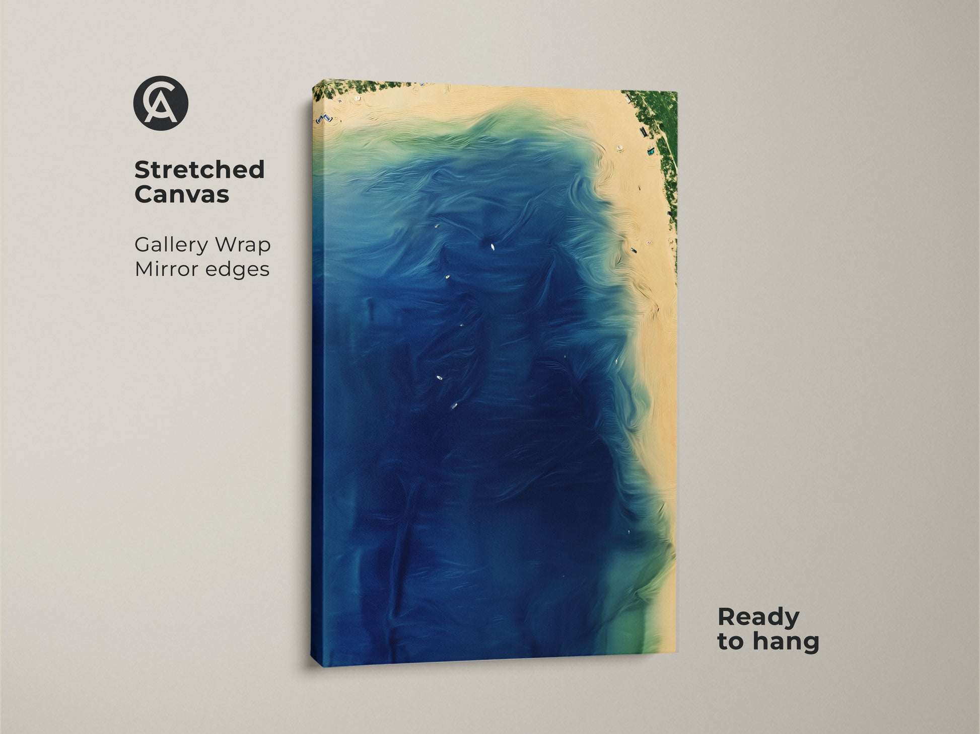 Stretched abstract ocean canvas print. Gallery wrapped with mirrored edges. This ready-to-hang coastal beach wall art offers an aerial view of deep blue waves. Aqua green accents evoke coastal charm. Ideal for modern coastal artwork.