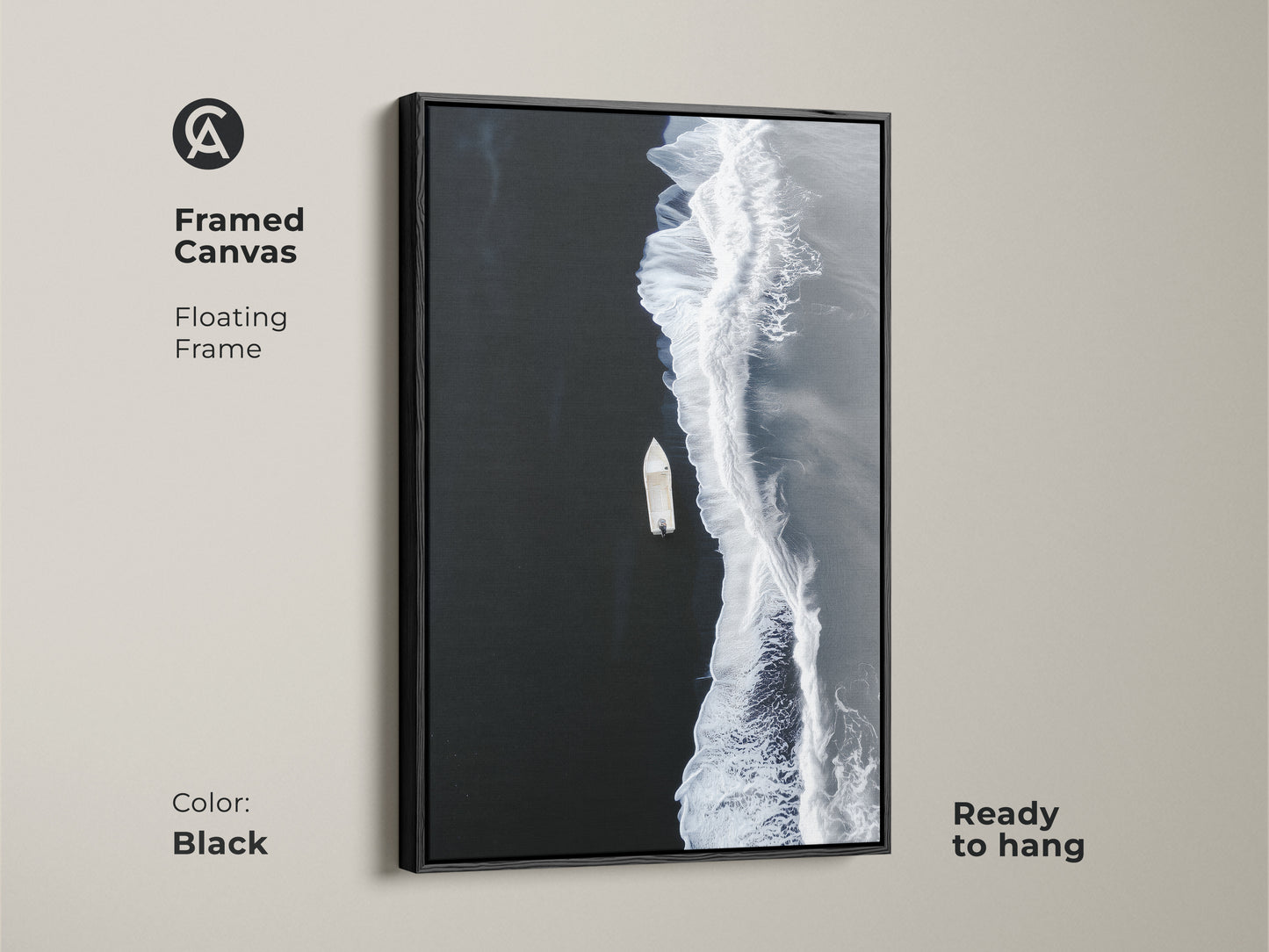 Black framed canvas of minimalist ocean artwork. A floating frame accents the aerial boat view. Ready to hang coastal beach decor for a modern seascape print.