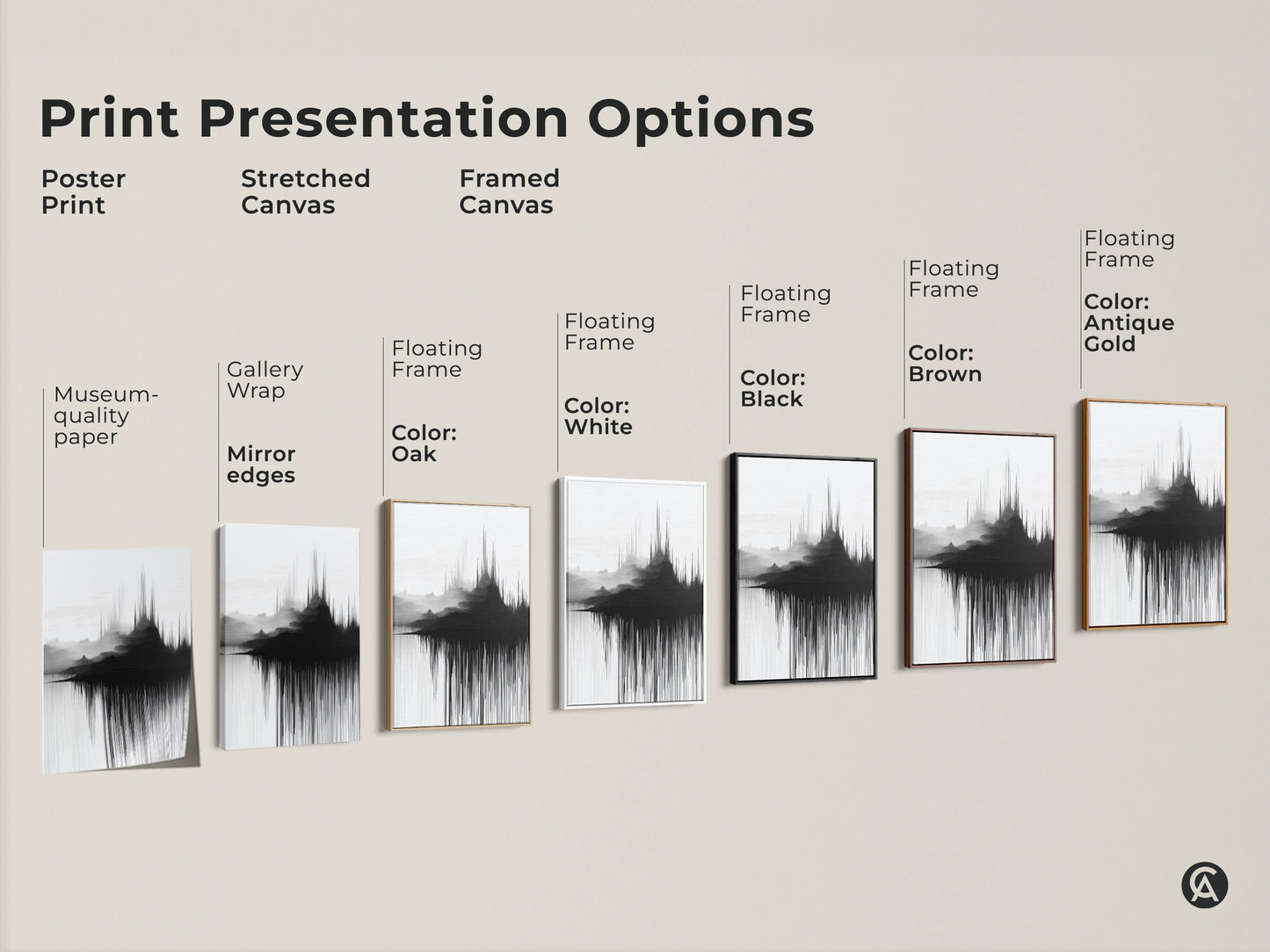 Explore various print presentation options for abstract soundwave mountain artwork. Options include poster print stretched canvas framed canvas each enhancing the minimalist black and white artwork. Match this contemporary wall decor to complement your personal style.