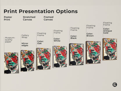 Explore print presentation options for the abstract face collage artwork. Choose from poster print stretched canvas and framed canvas. Each option highlights the red black and green eclectic style perfect for office art.