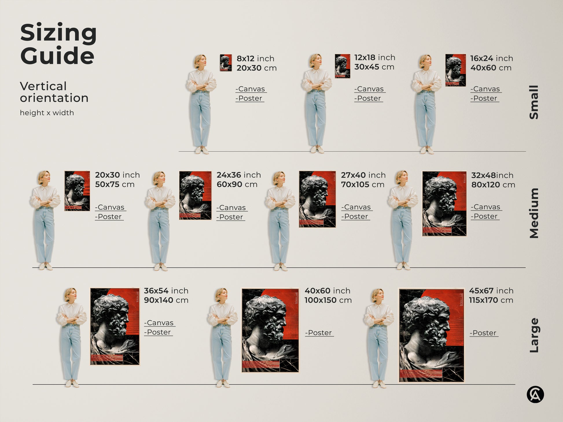 Sizing guide for vertical orientation art. Choose canvas or poster in small medium or large sizes. Visualize red abstract sculpture wall art in different dimensions. See the marble bust print.