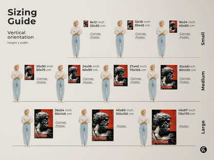 Sizing guide for vertical orientation art. Choose canvas or poster in small medium or large sizes. Visualize red abstract sculpture wall art in different dimensions. See the marble bust print.