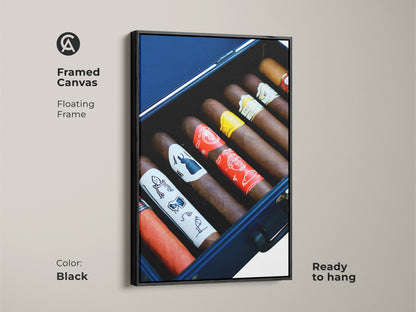 Framed cigar humidor canvas art ready to hang. Black floating frame cigar art for the man cave or office. Cigar connoisseur gift idea with rich browns and reds. Sophisticated wall hanging adds luxury to any room. A premium gift for him
