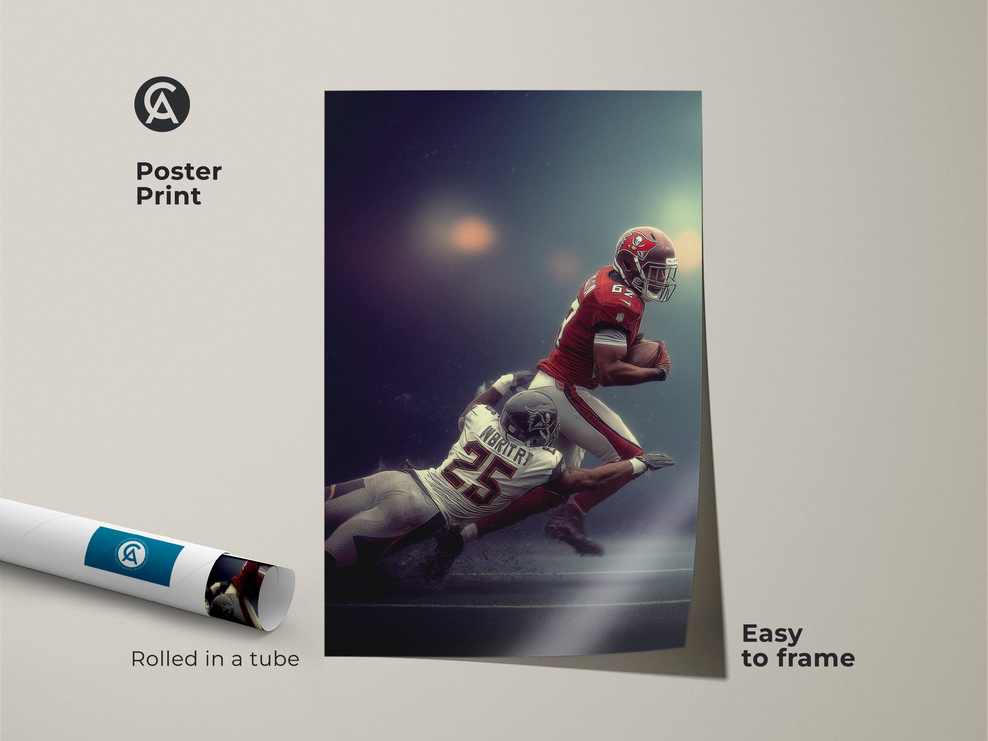 Framed American Football Player Tackled Canvas art with a black floating frame. This sports action wall decor is ready to hang. This man cave wall hanging is a great gift for football fans. The red white and blue palette adds a sporty energetic vibe
