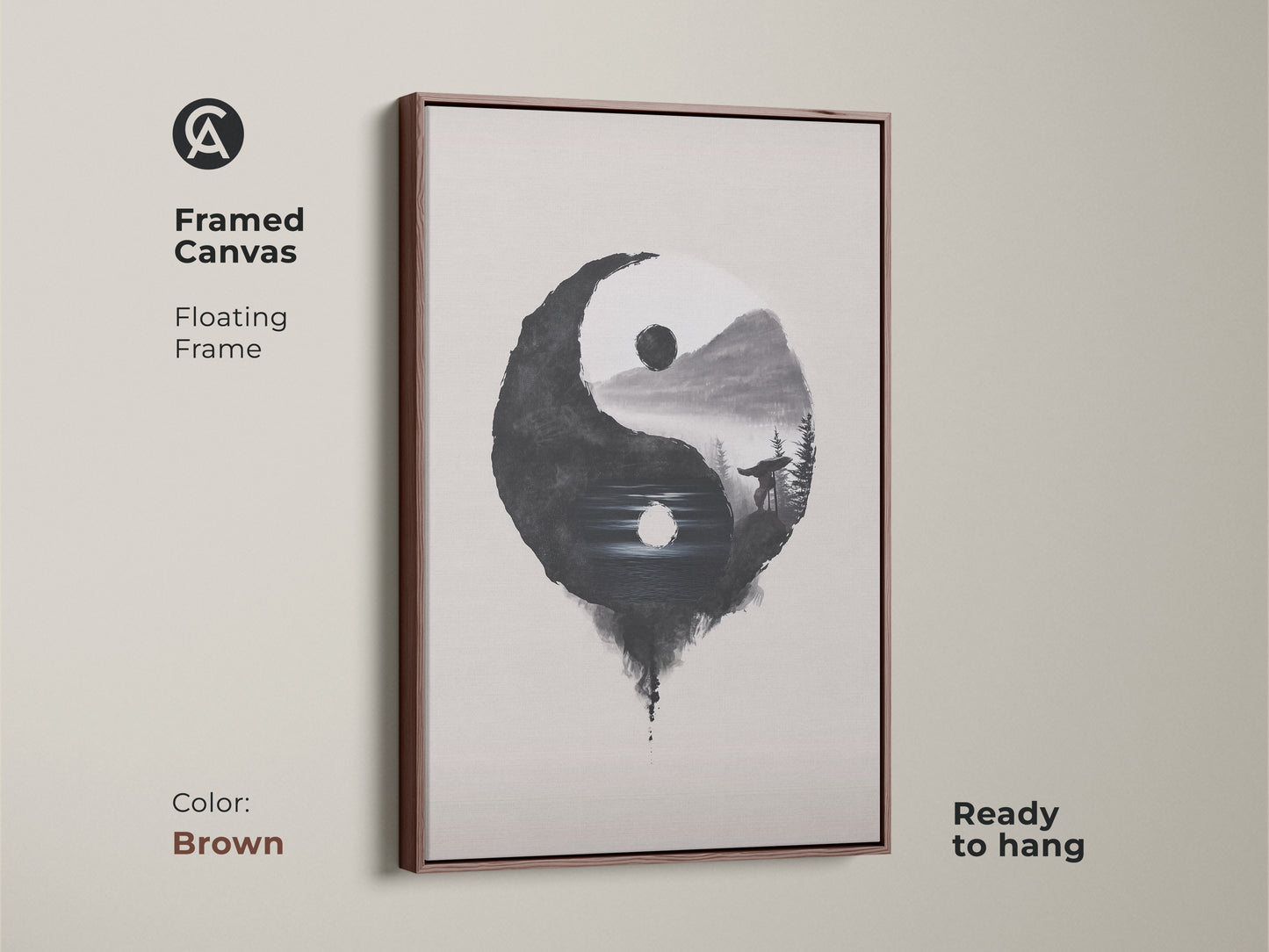 Framed Canvas in brown displays Yin Yang Wolf art. Floating frame is ready to hang. Minimalist ink wash print adds balance. Black white nature art creates a spiritual zen ambiance. Ideal for contemplative wall art.