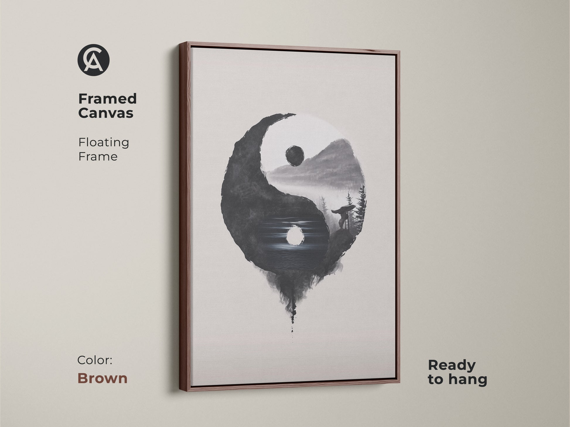 Framed Canvas in brown displays Yin Yang Wolf art. Floating frame is ready to hang. Minimalist ink wash print adds balance. Black white nature art creates a spiritual zen ambiance. Ideal for contemplative wall art.