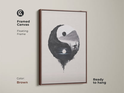 Framed Canvas in brown displays Yin Yang Wolf art. Floating frame is ready to hang. Minimalist ink wash print adds balance. Black white nature art creates a spiritual zen ambiance. Ideal for contemplative wall art.