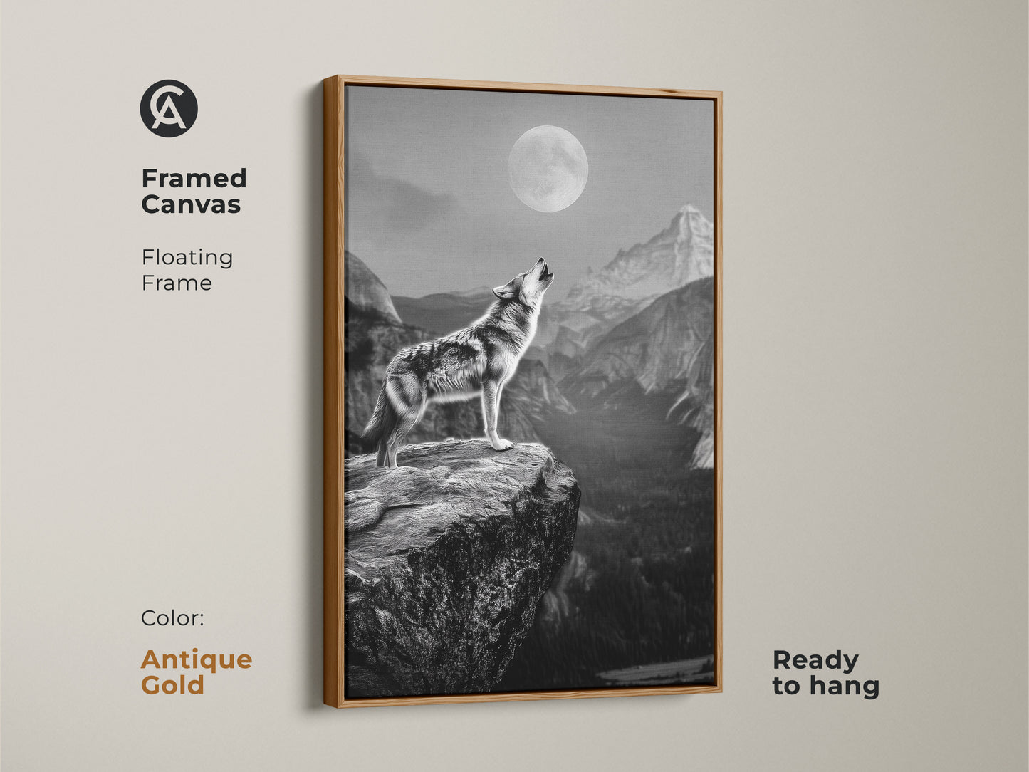 Antique gold framed canvas art featuring a howling wolf. The floating frame complements the monochrome wolf canvas. This rustic wildlife wall art is ready to hang. Perfect as a wolf lover gift or for adding animal spirit art to your space. The rugged landscape art captures the beauty of nature.