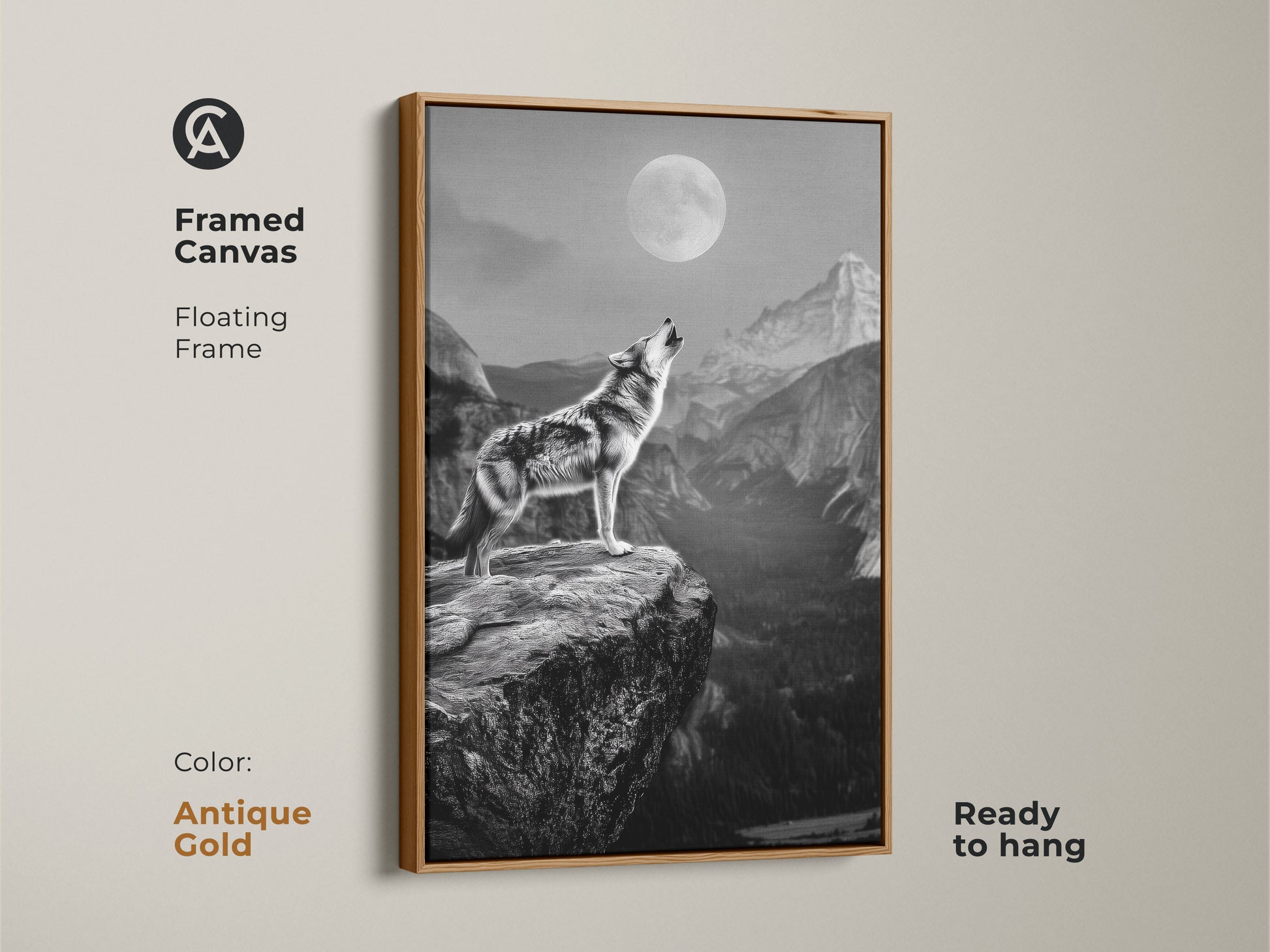 Antique gold framed canvas art featuring a howling wolf. The floating frame complements the monochrome wolf canvas. This rustic wildlife wall art is ready to hang. Perfect as a wolf lover gift or for adding animal spirit art to your space. The rugged landscape art captures the beauty of nature.