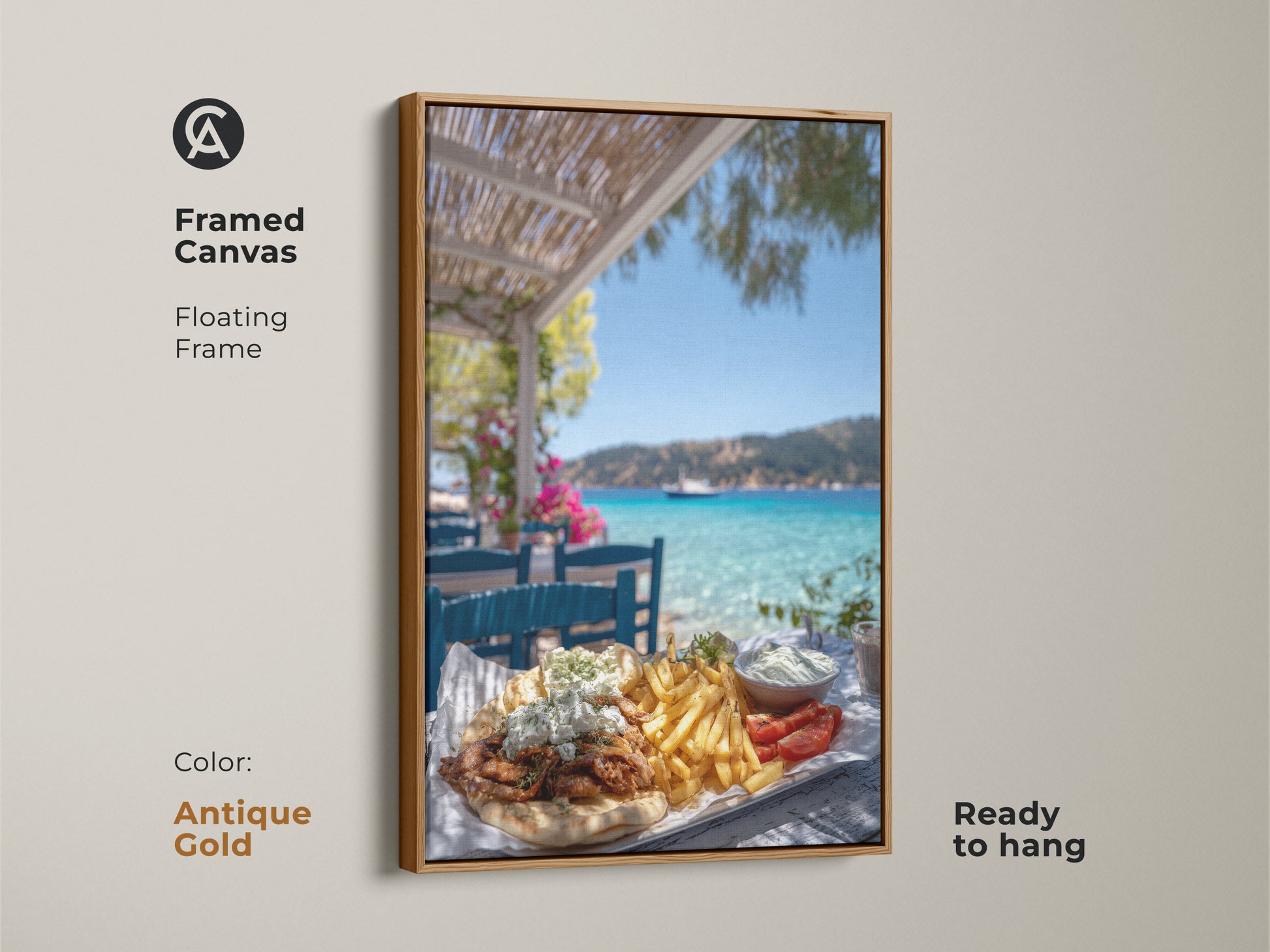 Framed canvas artwork showcasing a greek gyros platter. The floating frame is antique gold and ready to hang. This photorealistic travel photography brings a summer vacation vibe to your home. The mediterranean kitchen art is a great foodie gift for travel lovers.