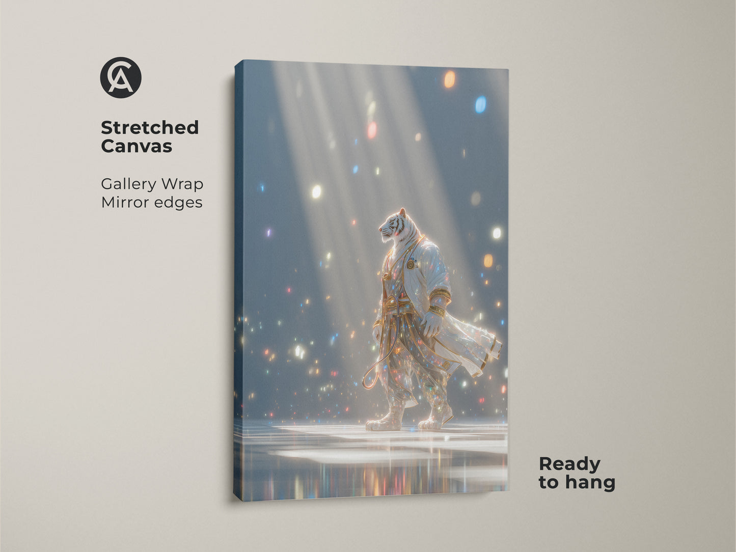 Stretched canvas art featuring a tiger in a robe. The gallery wrap canvas has mirror edges and is ready to hang. The artwork depicts a tiger walking in a room full of lights. This unique piece is a great addition to any home.