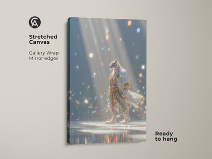Stretched canvas art featuring a tiger in a robe. The gallery wrap canvas has mirror edges and is ready to hang. The artwork depicts a tiger walking in a room full of lights. This unique piece is a great addition to any home.