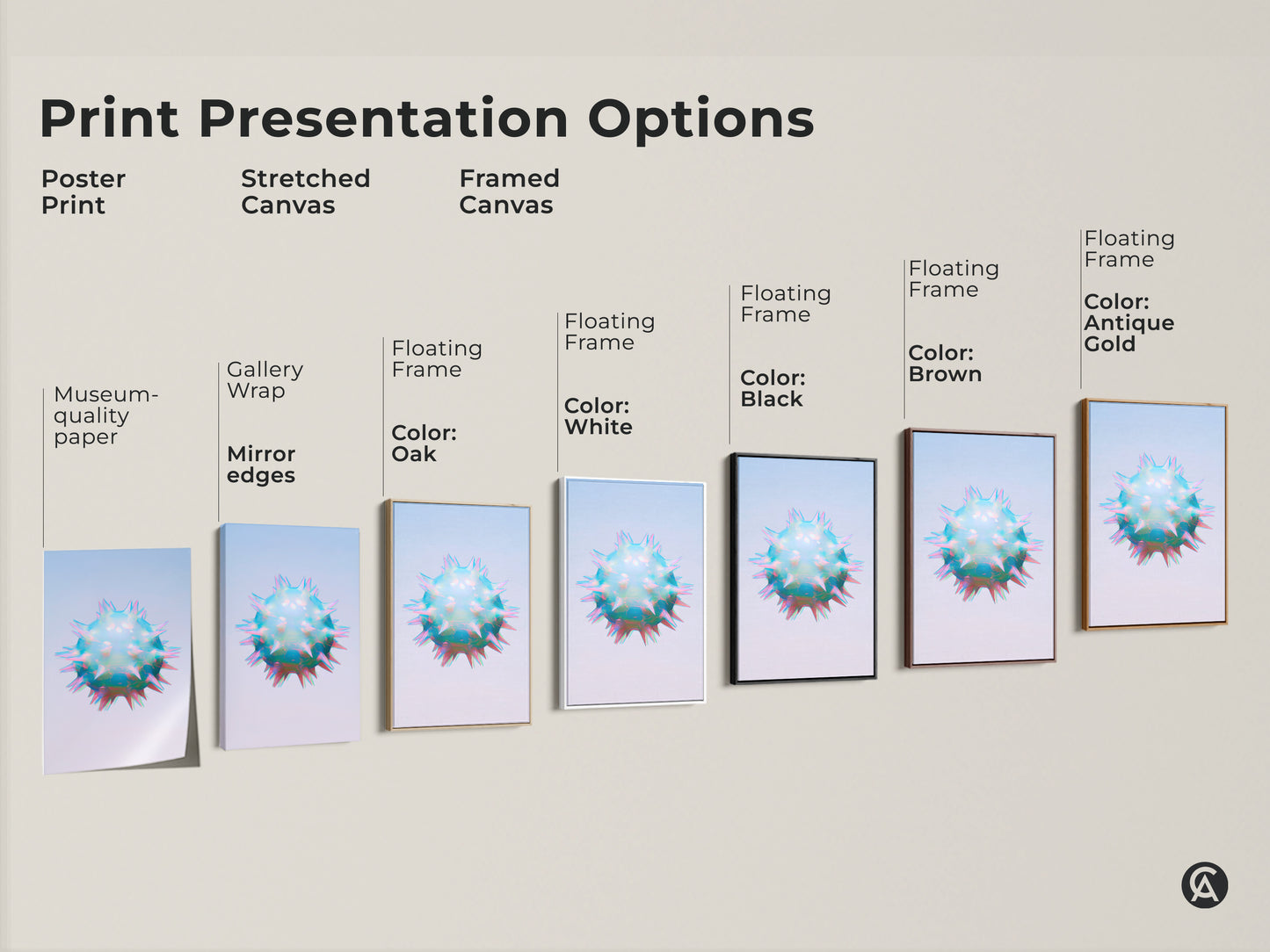 Print presentation options of abstract cell art. Museum-quality paper poster prints. Stretched canvas and framed canvas art options. Each features iridescent teal blue and pink colors.