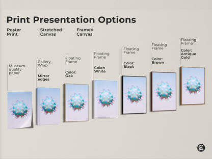 Print presentation options of abstract cell art. Museum-quality paper poster prints. Stretched canvas and framed canvas art options. Each features iridescent teal blue and pink colors.