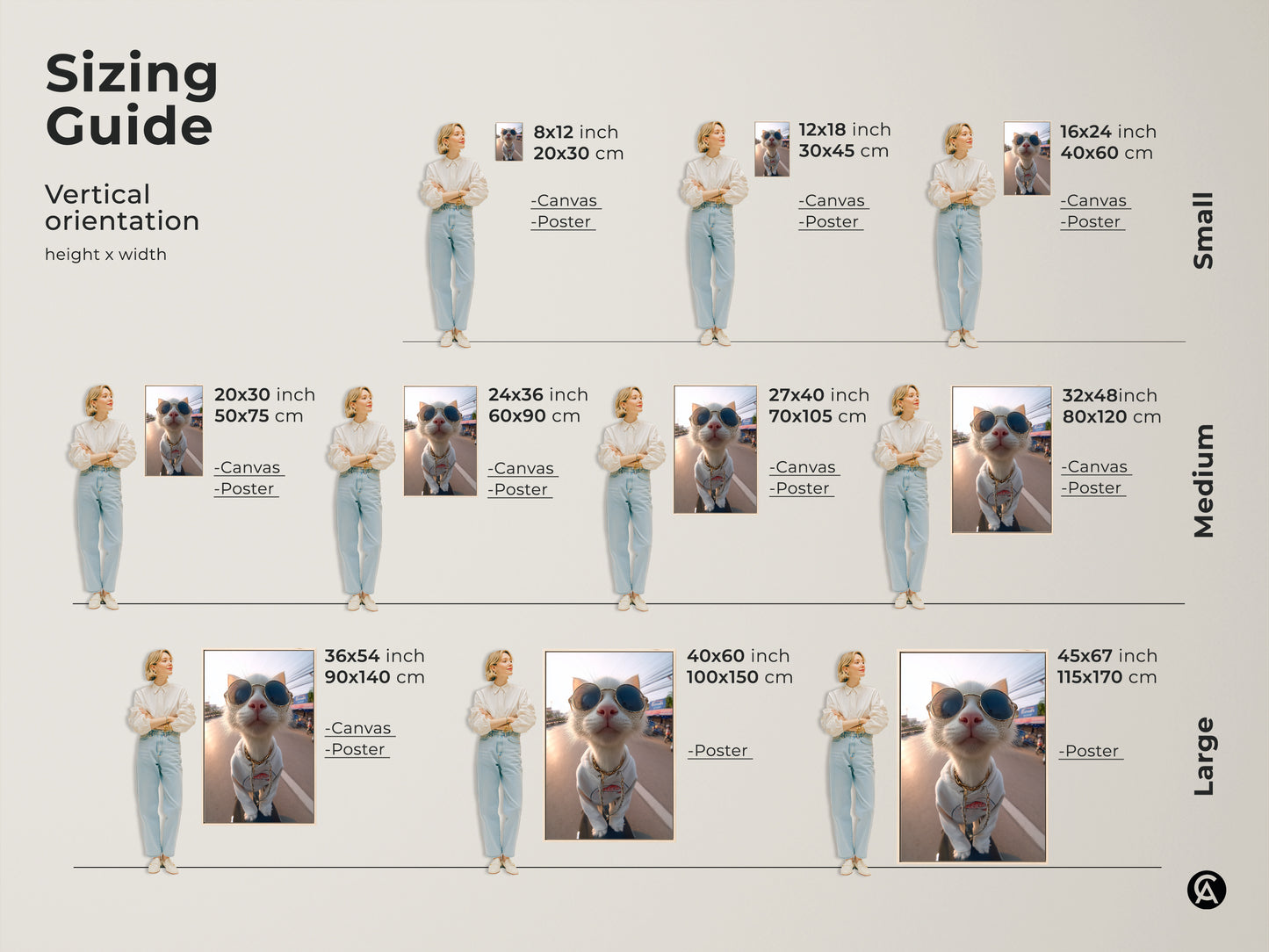 Find the perfect size for your space with this sizing guide. Featuring artwork of a stylish cat with sunglasses. Available in various sizes for canvas and poster prints. Choose the ideal dimensions to showcase this unique piece. Transform your walls with feline art.