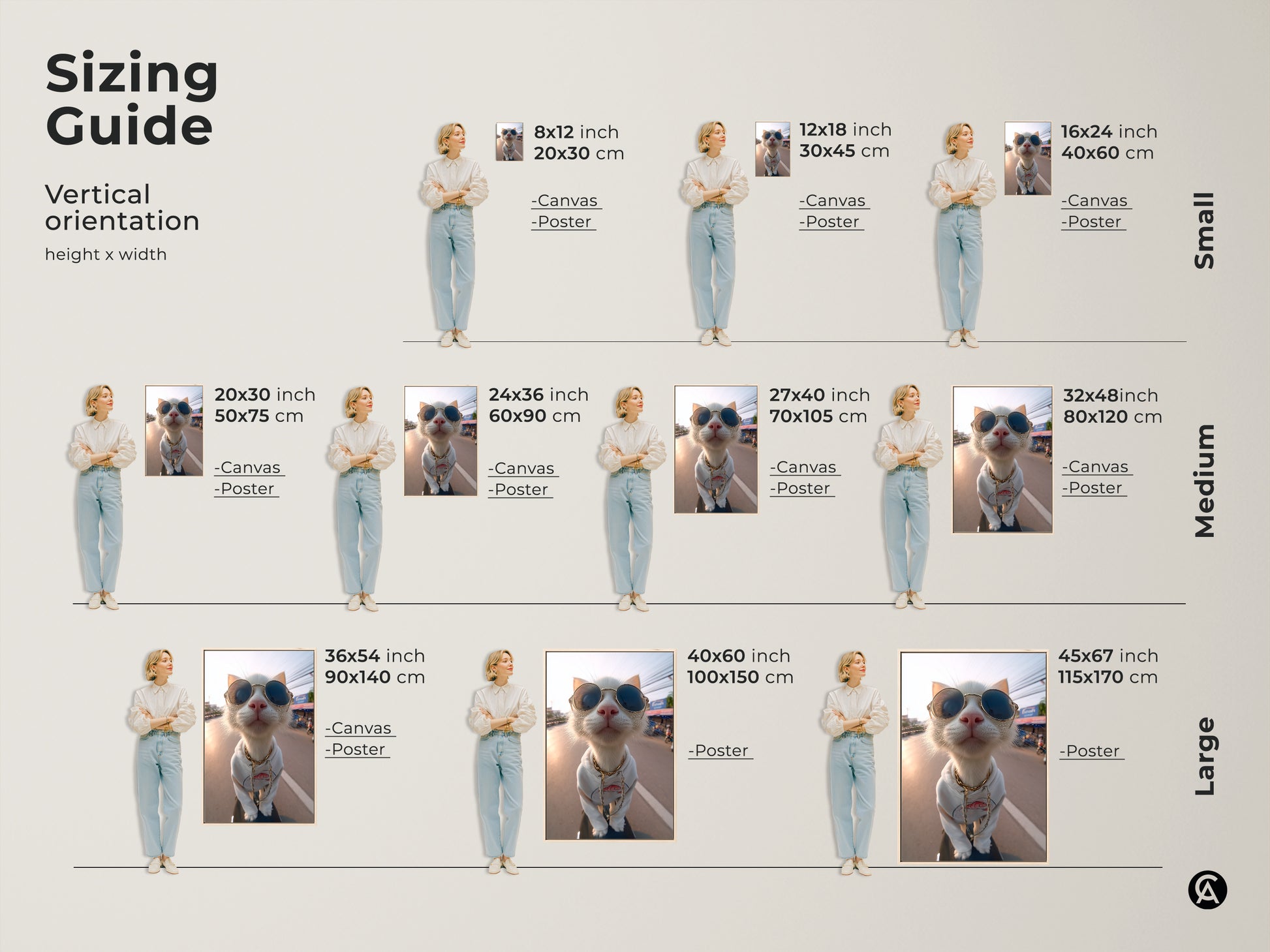 Find the perfect size for your space with this sizing guide. Featuring artwork of a stylish cat with sunglasses. Available in various sizes for canvas and poster prints. Choose the ideal dimensions to showcase this unique piece. Transform your walls with feline art.