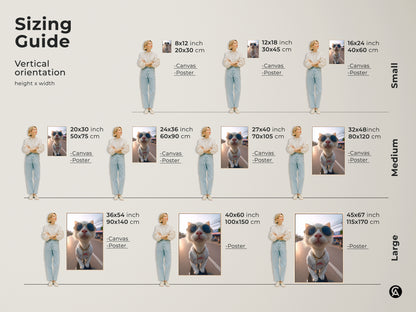 Find the perfect size for your space with this sizing guide. Featuring artwork of a stylish cat with sunglasses. Available in various sizes for canvas and poster prints. Choose the ideal dimensions to showcase this unique piece. Transform your walls with feline art.