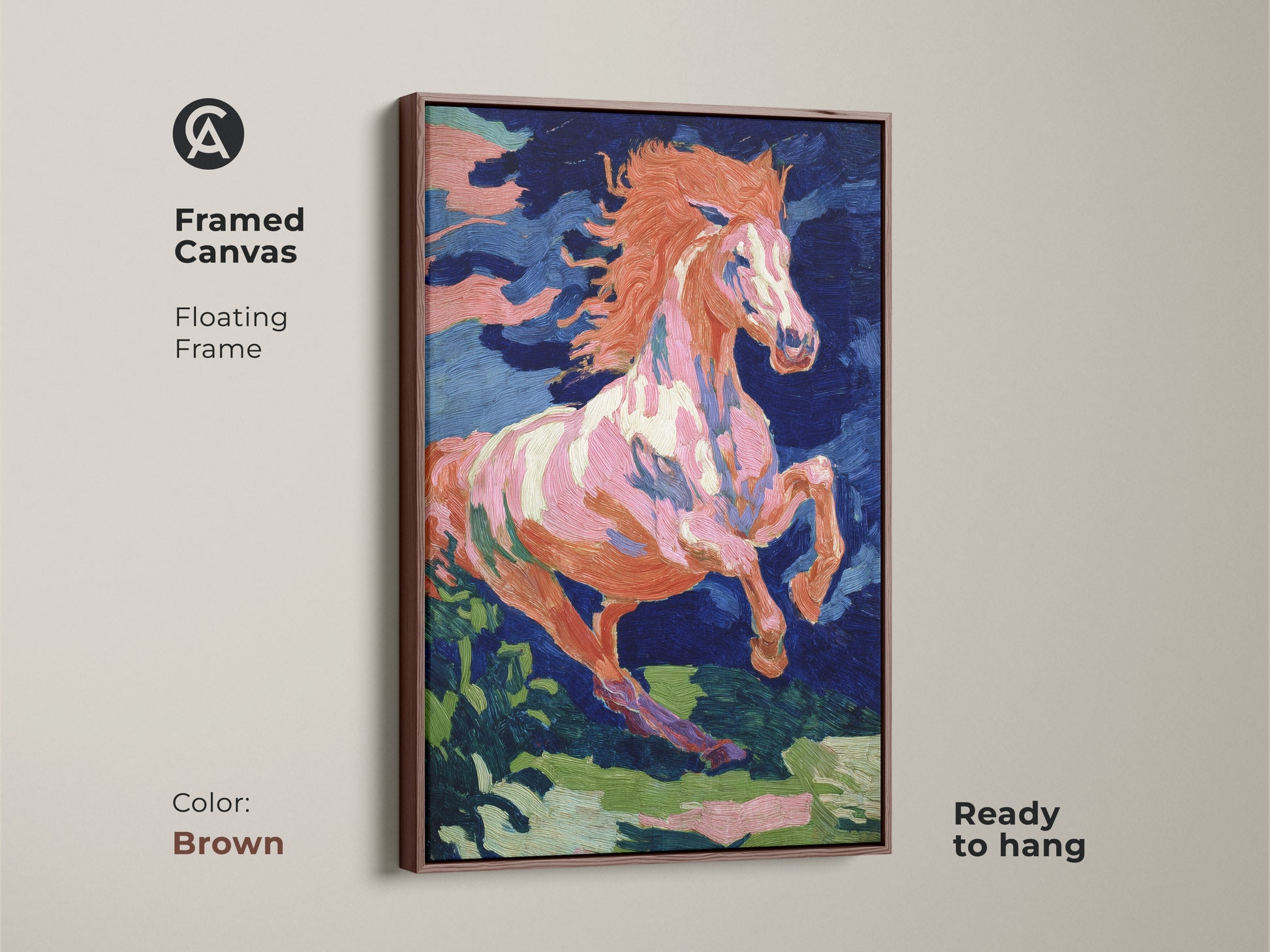 Framed canvas print featuring a horse in orange pink and blue tones with a brown floating frame. This wilderness horse artwork is ready to hang. The impressionistic style brings energy to any room. Ideal equestrian gift wall art.