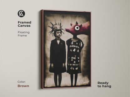 Framed canvas in antique gold displaying a surreal child pig artwork. It's a ready-to-hang piece that enhances eclectic home decor. The floating frame highlights the dark academia style. Perfect as study room wall art or an office artwork gift. The antique gold frame adds a touch of vintage charm.