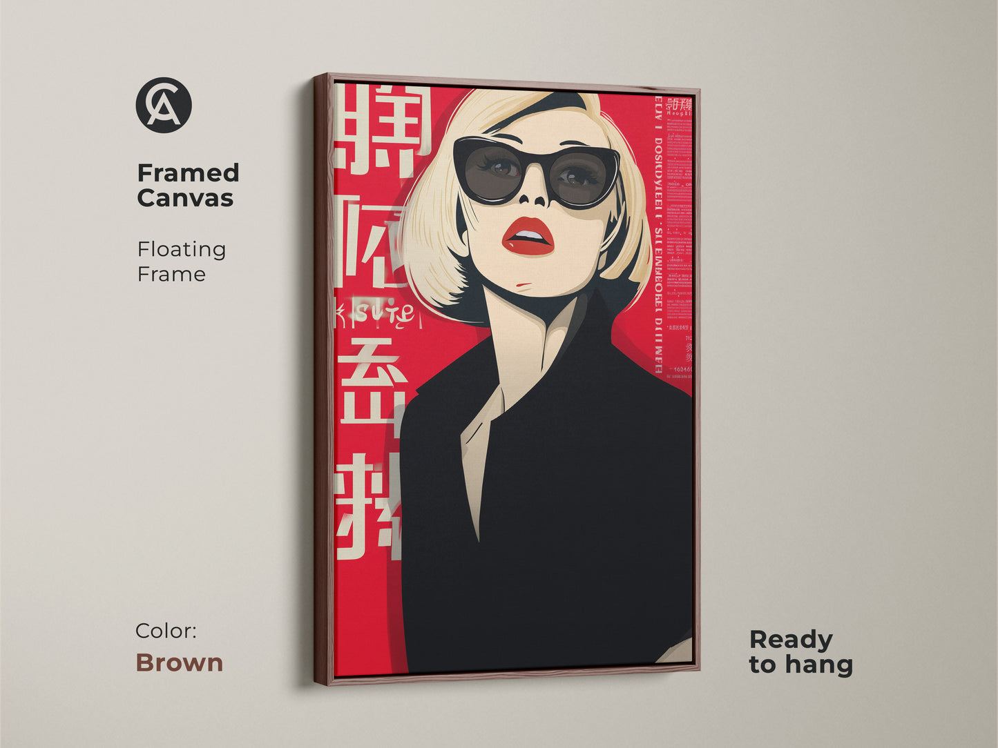 Framed canvas featuring a pop art woman portrait. This brown floating frame complements the retro fashion artwork. The canvas is ready to hang. Ideal for stylish home decor.