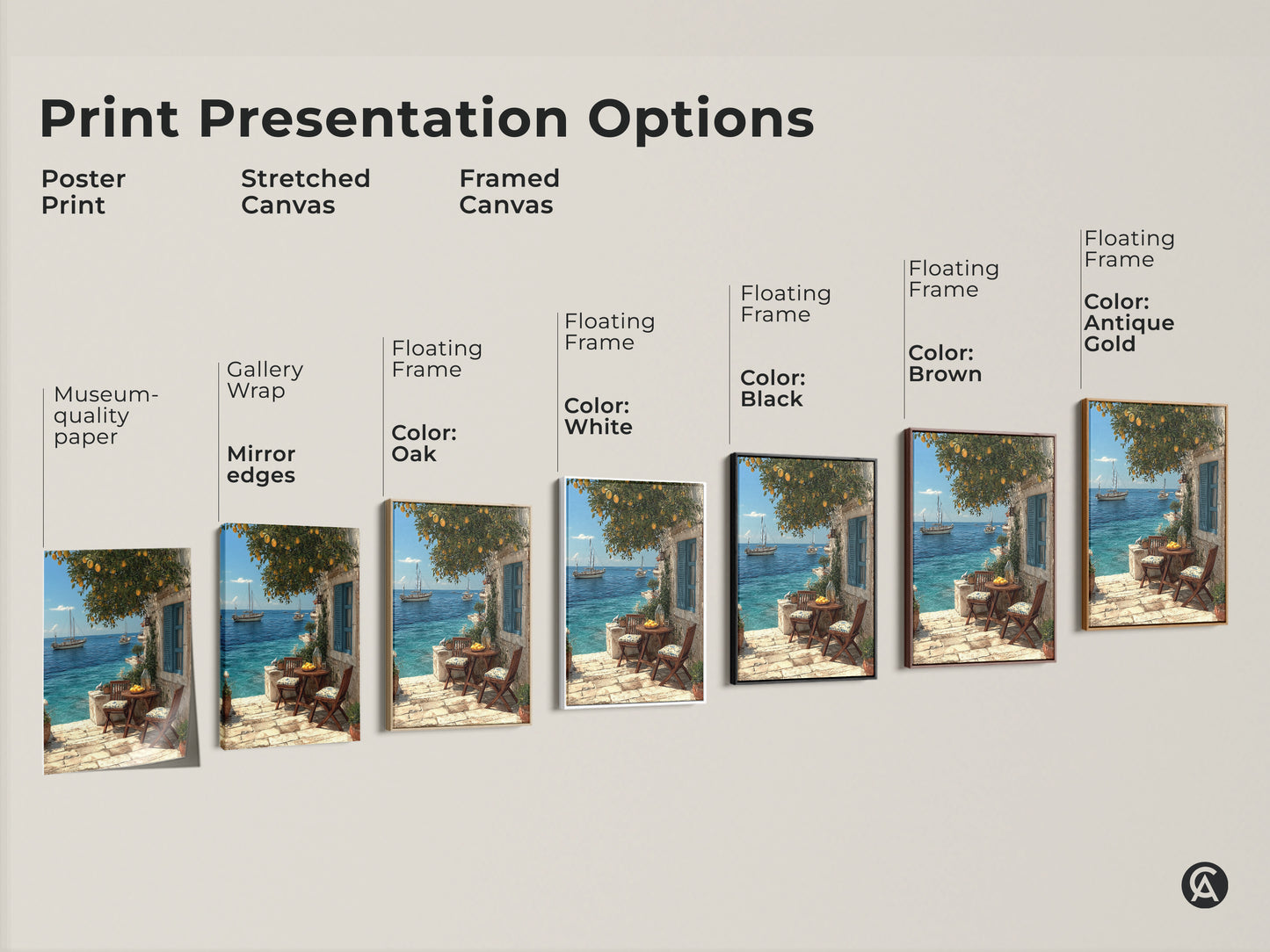 Explore coastal art print presentation options. Choose from poster print stretched canvas and framed canvas. Each features a Mediterranean scene with sailboats and lemon trees. Select the perfect style for your beach house decor. Find museum-quality paper gallery wrap and floating frames.