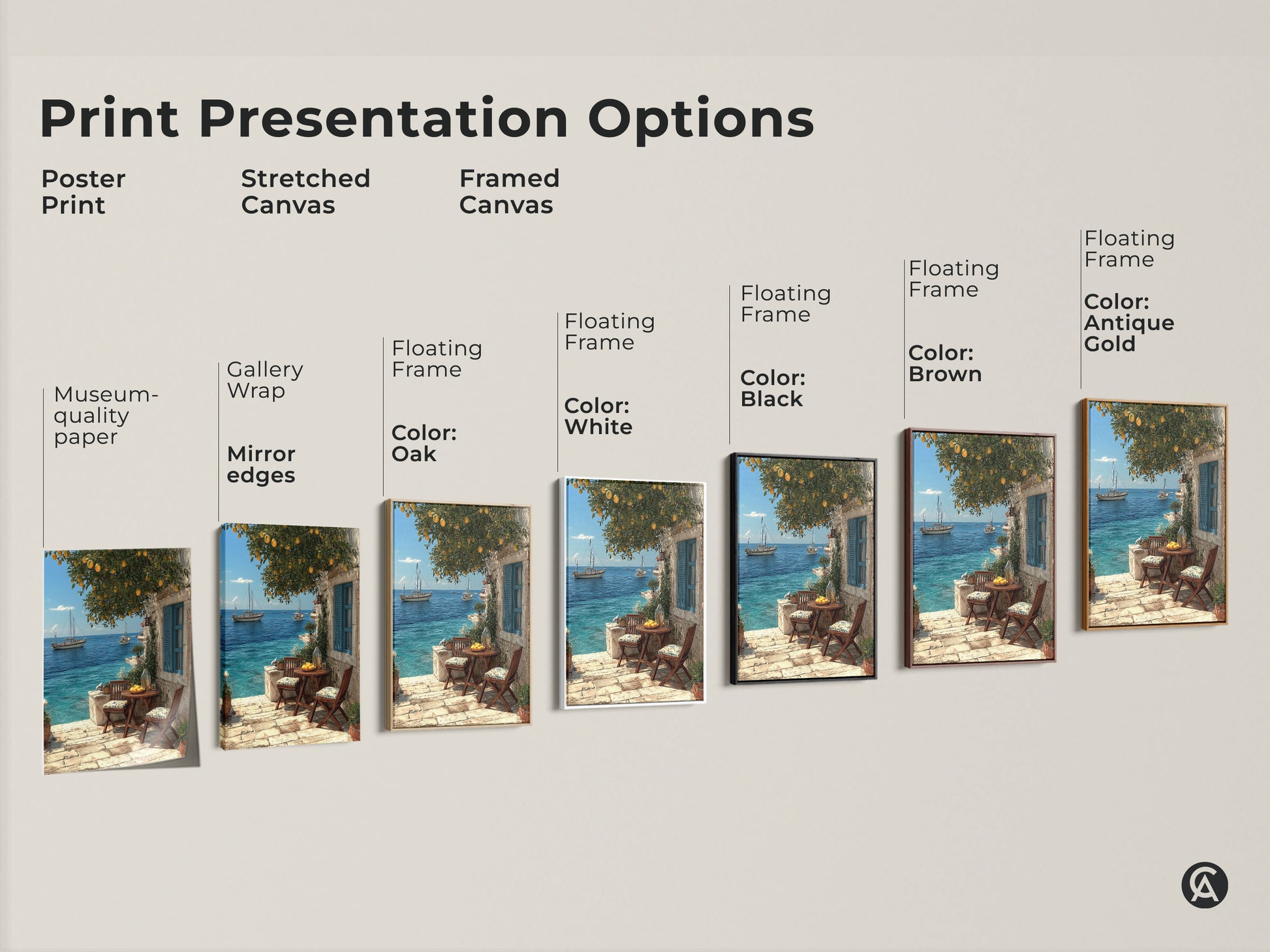 Explore coastal art print presentation options. Choose from poster print stretched canvas and framed canvas. Each features a Mediterranean scene with sailboats and lemon trees. Select the perfect style for your beach house decor. Find museum-quality paper gallery wrap and floating frames.
