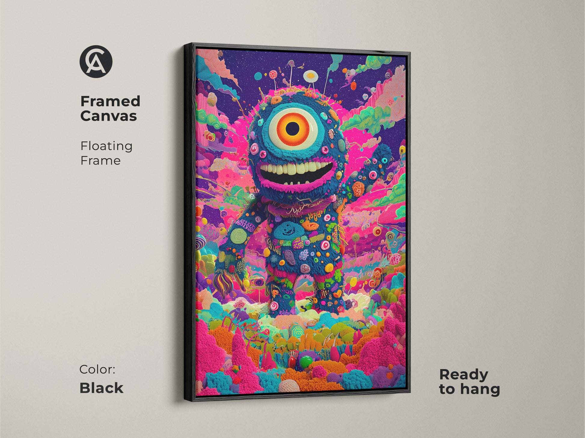 Framed canvas featuring a one-eyed monster artwork. The floating frame is black. The art is ready to hang. This colorful character adds a playful touch. It is a unique piece for any room decor. The black frame enhances the vibrant artwork.