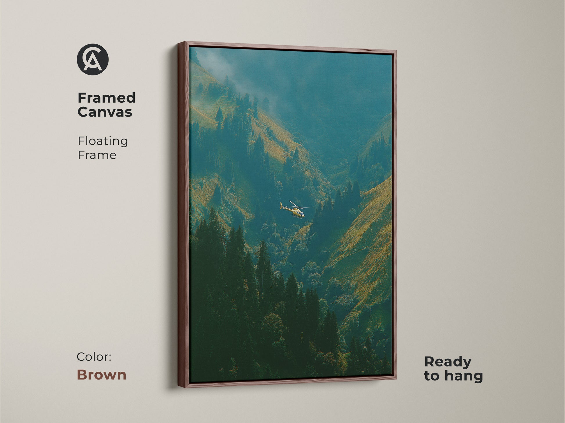 Framed canvas art featuring a helicopter in a mountain valley. This floating frame is brown. The artwork is ready to hang. This framed canvas print will add a touch of nature to any room in your home.