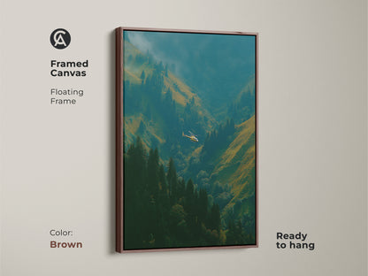 Framed canvas art featuring a helicopter in a mountain valley. This floating frame is brown. The artwork is ready to hang. This framed canvas print will add a touch of nature to any room in your home.
