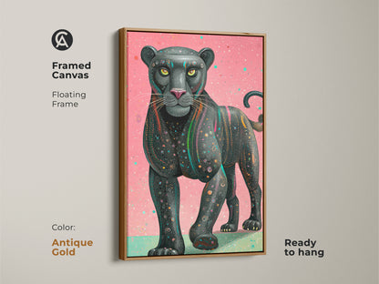 The framed canvas displays pink teal geometric panther art with a floating frame. This contemporary wildlife artwork features abstract animal artwork for an eclectic home. The antique gold frame adds a touch of elegance. This black panther artwork is ready to hang. It is a bold feline choice for modern office artwork.