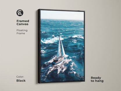 The framed canvas art with a black floating frame features a sailboat on ocean waves. The nautical sailboat art is ready to hang. This deep blue ocean canvas print is ideal for coastal office decor. Gift this ocean adventure artwork to a loved one.