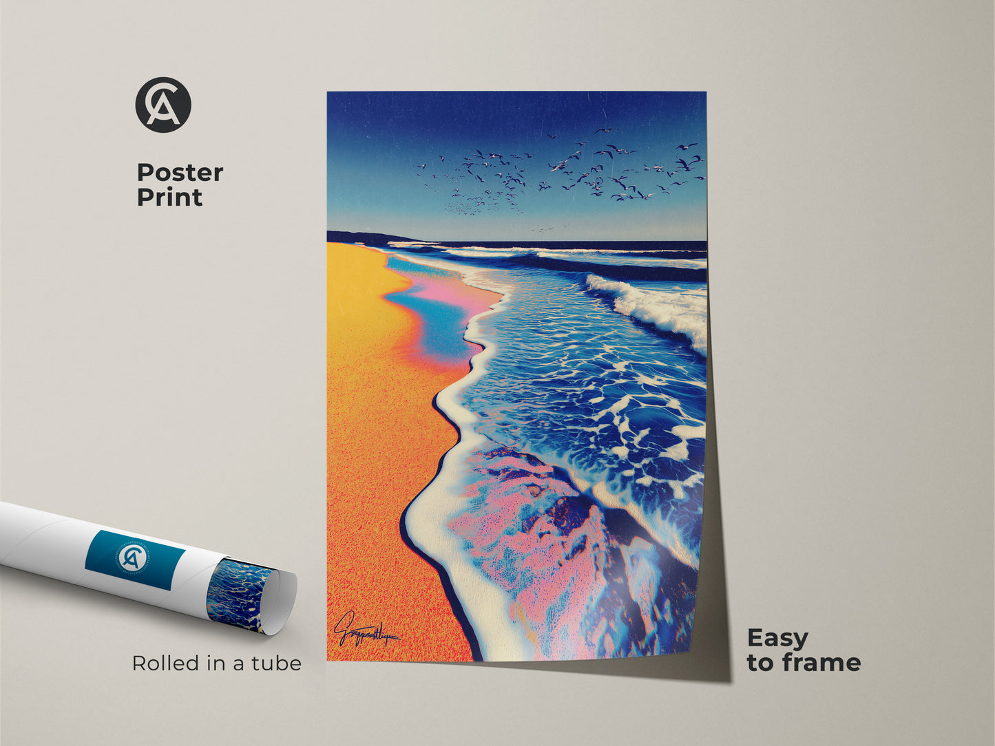 Framed canvas art print featuring a modern abstract seascape of an ocean wave at sunset. This coastal artwork is ready to hang and adds coastal energy to any room. It is a blend of teal blue orange hues with seagulls in the sky.