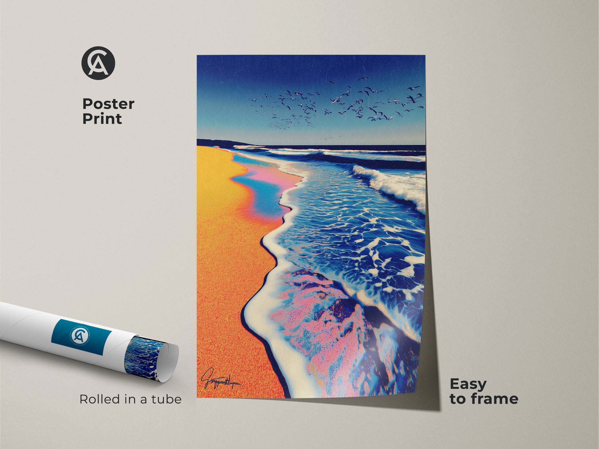 Framed canvas art print featuring a modern abstract seascape of an ocean wave at sunset. This coastal artwork is ready to hang and adds coastal energy to any room. It is a blend of teal blue orange hues with seagulls in the sky.