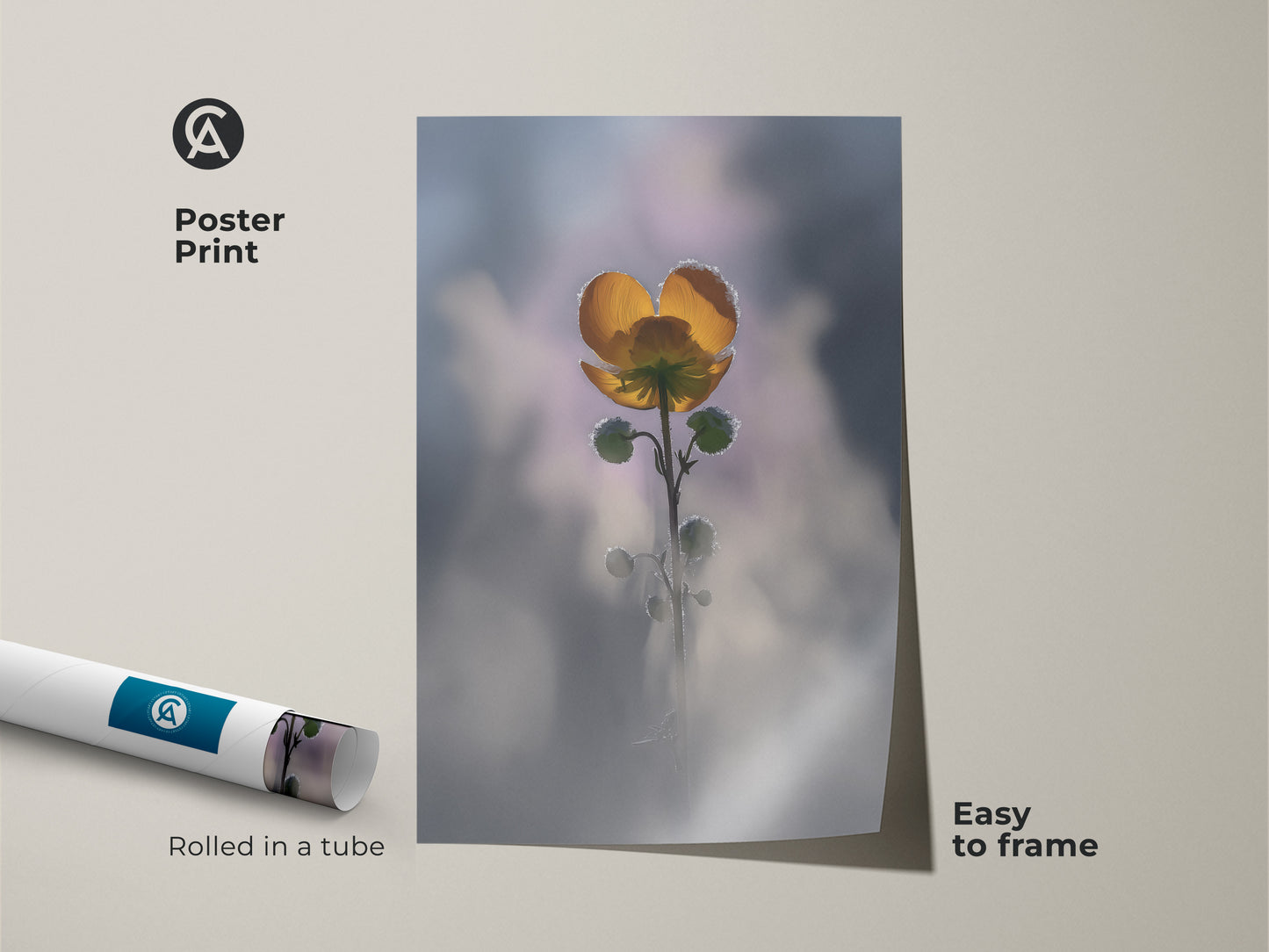 Poster print of a yellow buttercup rolled in a tube. Easy to frame macro flower dew drop wall art. Soft focus botanical artwork brings nature indoors. Boho bedroom nature decor for plant lovers adds delicate floral art.