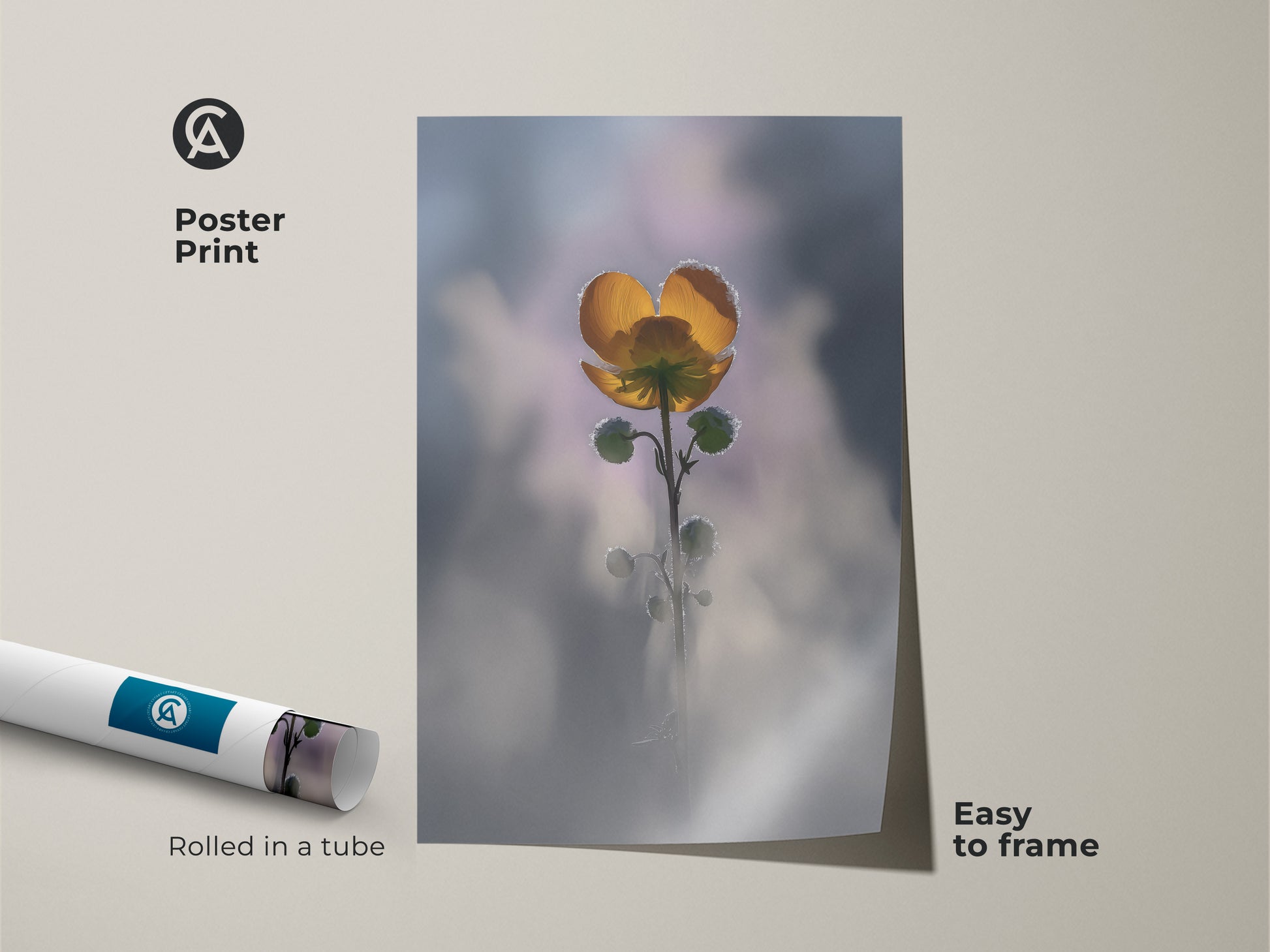 Poster print of a yellow buttercup rolled in a tube. Easy to frame macro flower dew drop wall art. Soft focus botanical artwork brings nature indoors. Boho bedroom nature decor for plant lovers adds delicate floral art.