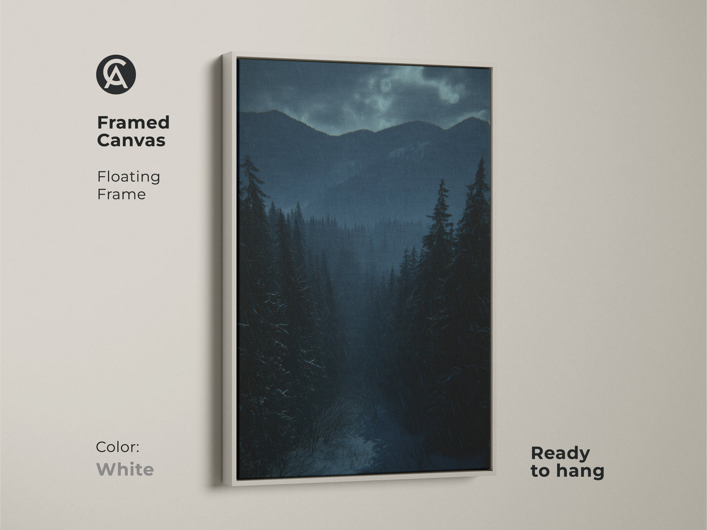 Framed canvas print of a deep blue winter forest and mountain scene. White floating frame enhances the atmospheric landscape. This nature scene wall hanging is ready to hang. Ideal for serene winter art.
