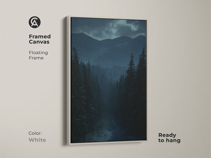 Framed canvas print of a deep blue winter forest and mountain scene. White floating frame enhances the atmospheric landscape. This nature scene wall hanging is ready to hang. Ideal for serene winter art.