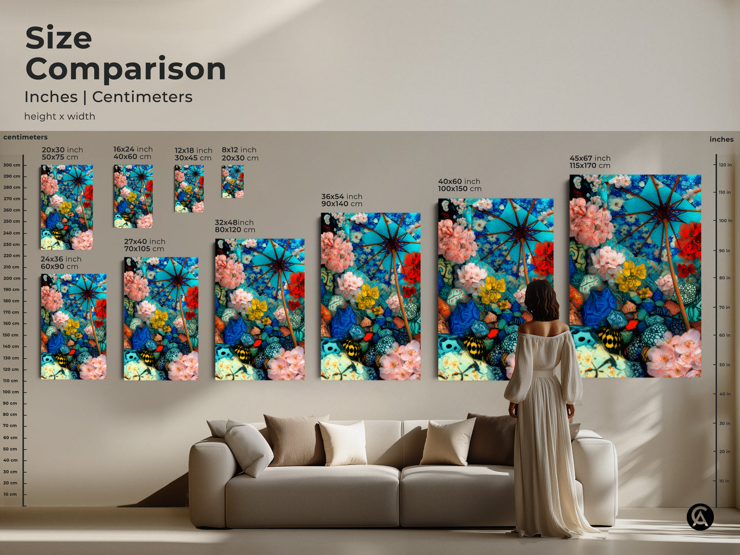 Compare sizes of this surreal floral umbrella canvas art. Available in inches and centimeters. Picture the impact of each size in your home decor. From small to large this blue pink and teal artwork fits any space. The abstract botanical collage art adds an eclectic touch. It is a perfect gift for art lovers who appreciate surrealism in a home.
