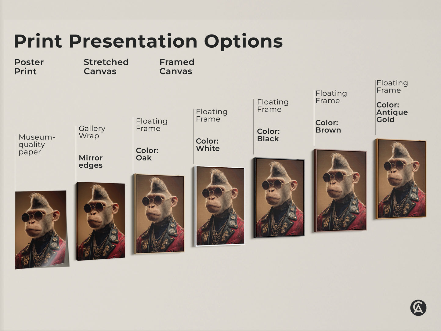 Print presentation options showcase a cool monkey art portrait in various formats. Choose from poster print stretched canvas or framed canvas to match your decor style.