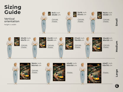 Sizing guide for a modern landscape art print featuring a yellow McLaren and motorcycle. Vertical orientation options include canvas and poster in small medium and large sizes. Find the perfect road trip wall decor for your office or garage gift for car enthusiasts